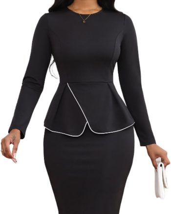 Women 2 Piece Suit Skirt Set Peplum Long Sleeve Church Dress Suit Formal Office Business Midi Pencil Skirt Suit