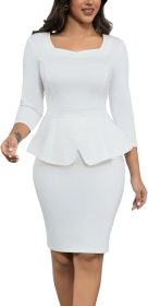 Women 2 Piece Suit Set Peplum 3/4 Long Sleeve Church Dress Suit Elegant Formal Office Midi Pencil Skirt Suit