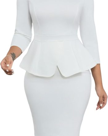 Women 2 Piece Suit Set Peplum 3/4 Long Sleeve Church Dress Suit Elegant Formal Office Midi Pencil Skirt Suit