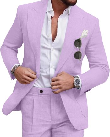 Linen Men Suit Set Casual Tuxedo 2 Piece Regular Fit Blazer One Button Solid Jacket and Pants for Prom Wedding Party