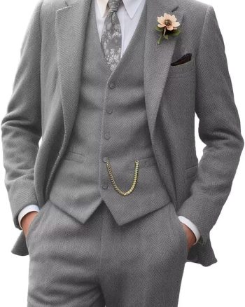 Retro Tweed Men's Suit 3 Piece Slim Fit Herringbone Suits Groom Tuxedos Set Wedding Prom Blazer Jacket Vest Pants for Men