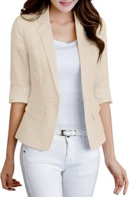 Women Summer Linen Blazer 3/4 Sleeve Lightweight Fully-Lined Slim Elegant Casual Work Jacket with Pockets