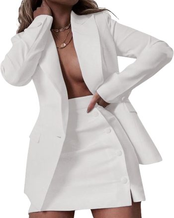 Women 2 Piece Blazer and Skirt Suits, Open Front Blazer Jackets + Side Slit Mini Skirts