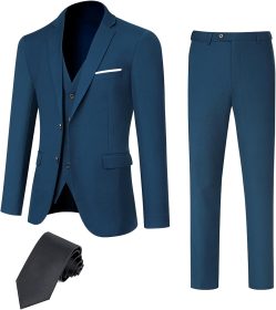 Men's 3 Piece Slim Fit Suit Set, 2 Button Blazer Jacket Vest Pants with Tie, Mens Suit for Party, Wedding & Business