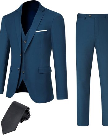 Men's 3 Piece Slim Fit Suit Set, 2 Button Blazer Jacket Vest Pants with Tie, Mens Suit for Party, Wedding & Business
