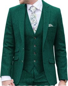 Men Suit Classic Regular Fit 3 Piece Tweed Herringbone Wool Jacket Tuxedos Wedding Grooms Blazer+Vest+Pants