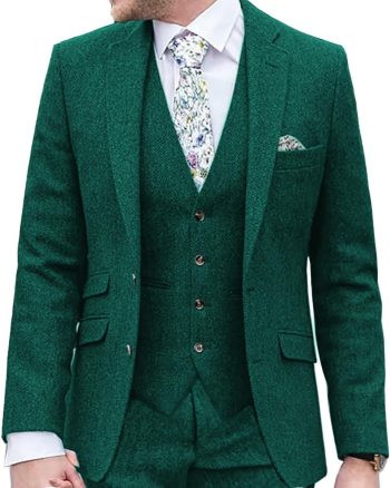 Men Suit Classic Regular Fit 3 Piece Tweed Herringbone Wool Jacket Tuxedos Wedding Grooms Blazer+Vest+Pants