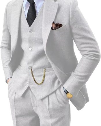 Retro 3 Piece Suit Tweed Herringbone Men's Suits Slim Fit Groom Tuxedos Set Prom Brown Grey Jacket Blazer Vest Pants