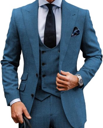 Casual Men's Suits Regular Fit 3 Piece Double Breasted Wool Plaid Tuxedos Business Blazer+Vest+Pants Wedding