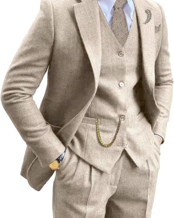 Retro Tweed Brown Men Suit 3 Piece Herringbone Slim Fit Suits Wedding Tuxedos Set Prom Jacket Blazers Vest Pants for Mens