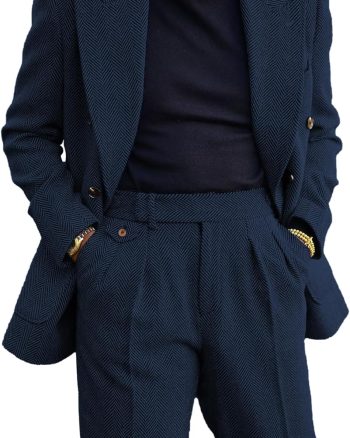 Men's 2 Piece Tweed Herringbone Suit Double-Breasted Tuxedo Party Wedding Blazer and Pants Set