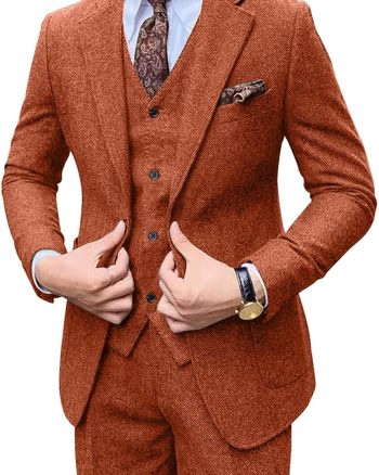 Retro Men Suit 3 Piece Tweed Herringbone Men's Suits Wool Jacket Tuxedos Wedding Grooms Blazer Vest Pants Set Prom