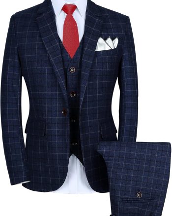 Mens 3-Piece Slim Fit Plaid Suit - Blazer, Vest, and Pants Set for Wedding, Prom, and Business
