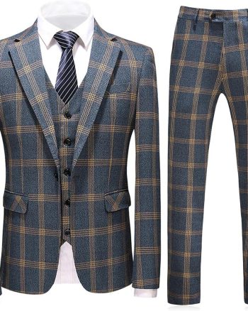 Mens Suits 3 Piece Check Plaid Suit Single Breasted One Button Jackets Formal Dress Party Prom Tuxedo Suits Blazer Set