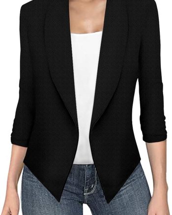 Lightweight Open Front Cardigan Classic Ruched Sleeve Work Office Blazer Suit Jackets