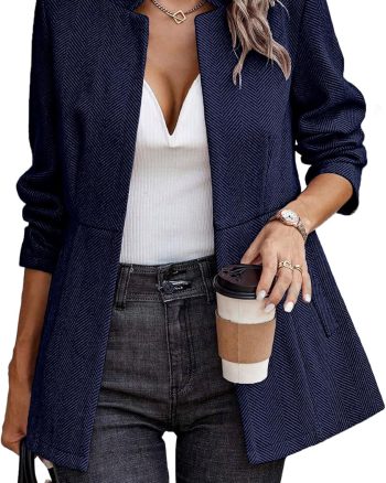 Women Open Front Herringbone Blazer-Business Casual Long Sleeve Work Jacket with Full Lining and Padded Shoulders