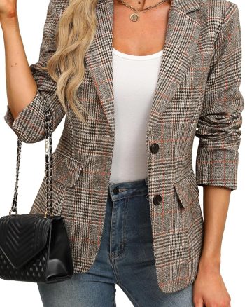 Women Lapel Collar Plaid 2 Button Boyfriend Blazer Suit Houndstooth Work Office Blazer Jacket