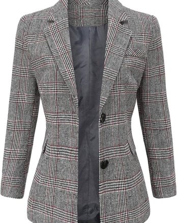Women Notch Lapel 2 Button Boyfriend Blazer Suit Houndstooth Plaid Jacket Coat