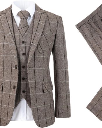 Men Wool Tweed Checked Suit 3 Piece Wedding Party Blazer Vest Pants